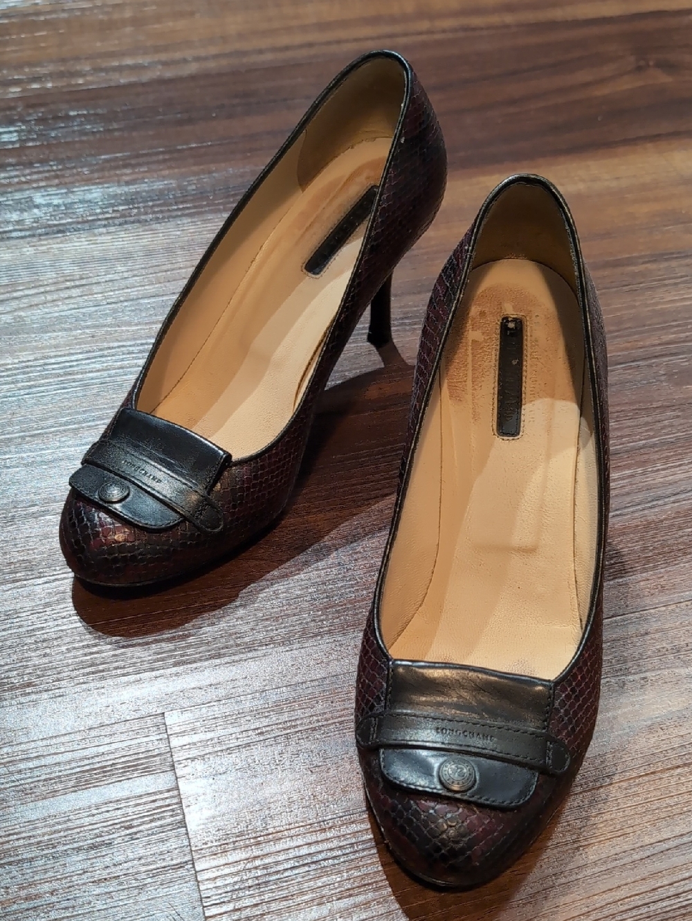 Longchamp Women's Burgundy Snake-Texture Leather Heels 6.5